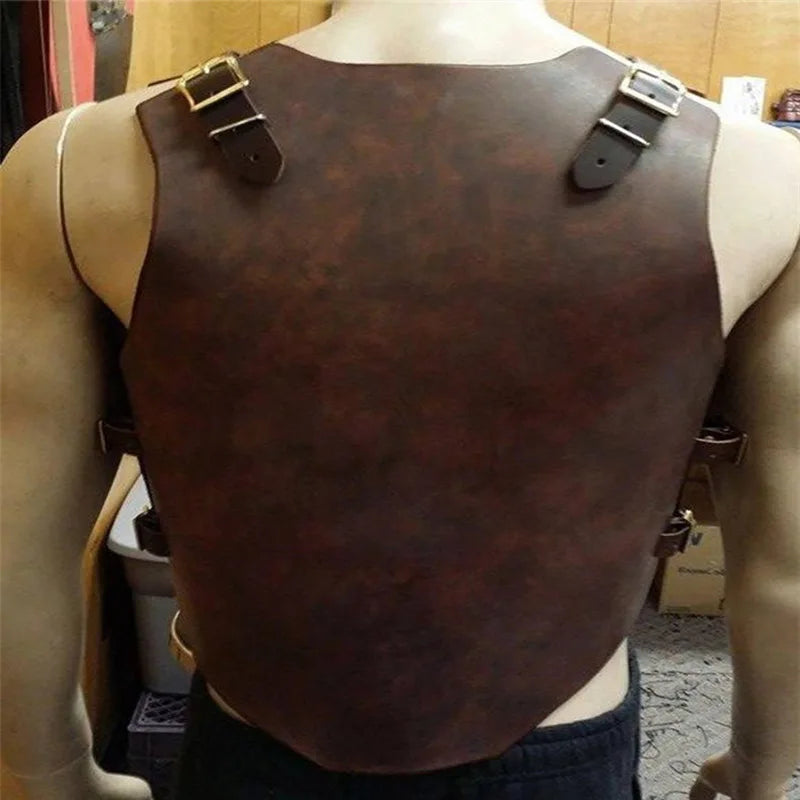 A Maramalive™ Medieval Steampunk PU Leather Cuirass Viking Knight Gladiator Pirate Cosplay Costume Chest Armor Vest Outfit Breastplate For Men is shown from the back, worn by a mannequin, featuring brown leather with straps and buckles over the shoulders and sides, reminiscent of pirate costumes.