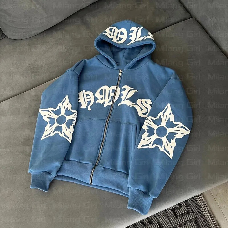 Zip Hoodie Snowflake Letter Print goth Punk Sweatshirt Women hoodies Sport Coat Pullover Long Sleeve Oversized hoodie Y2k jacket