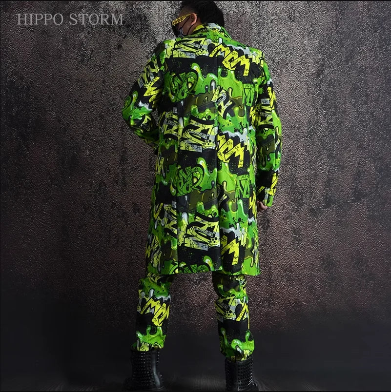 Green Graffiti Printed Hip Hop Long Suit Coat Pants Outfits Male Singer Bar Nightclub Hairdresser Party Club Dance Stage Set
