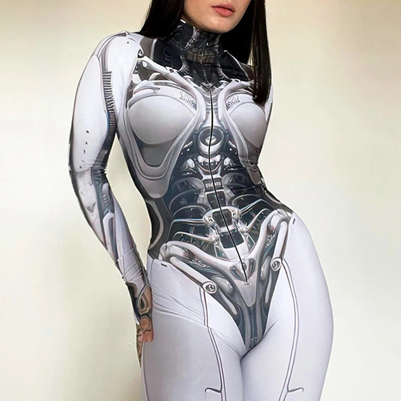 A person wearing the Maramalive™ Goth Dark 3D Printed Cosplay Bodycon Jumpsuits Y2k Techwear Long Sleeve Gothic Punk Playsuits Anime Women Mock Neck Zip Bodysuit, featuring mechanical and anatomical details printed on the fabric, reminiscent of Harajuku cosplay.