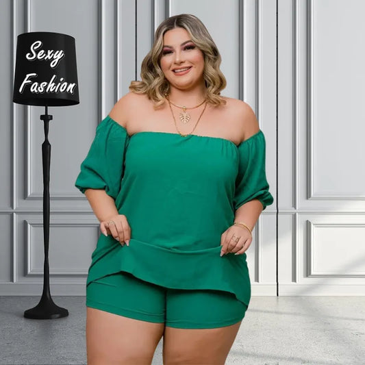 XL-5XL Plus Size Matching Sets Women Clothing 2023 Summer Short Sleeve Slash Neck Lose Sexy Casual Two Piece Sets Female Outfits