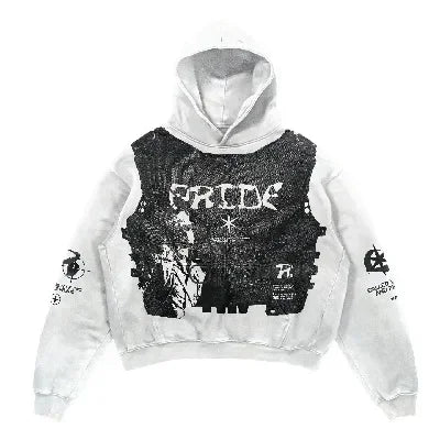 A gray Maramalive™ Explosions Printed Skull Y2K Retro Hooded Sweater Coat Street Style Gothic Casual Fashion Hooded Sweater Men's Female with black and white graphic designs and text reading "PRIDE" on the front, crafted from durable polyester. The sleeves also feature various symbols and designs, exuding a distinct punk style.