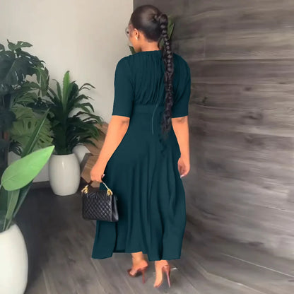 Women's Spring And Summer Solid Color Round Neck Waist Fold Irregular Dress Back Invisible Zipper Elegant Style Midi Dress