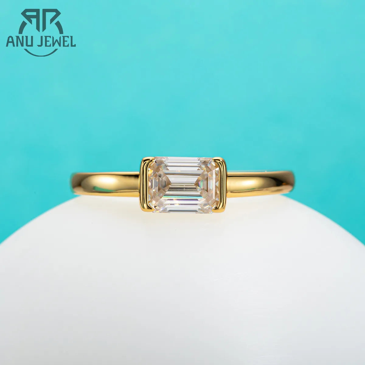 Moissanite silver ring, Emerald Cut setting with Gold accents, diamond accents.