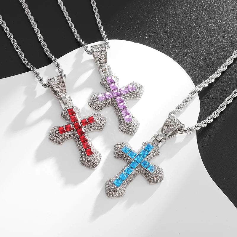 Exquisite Shiny Cross Square Crystal Zirconia Pendant Necklace for Women Men Fashion Hip Hop Party Luxury Jewelry Gift