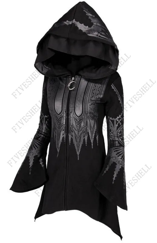 A black, hooded jacket with intricate silver patterns and flared sleeves, perfect for anime cosplay women's clothing enthusiasts. The zipper is partially concealed by the design. The background is plain with watermark text reading "FIVESHELL." Introducing the New Women Spring Autumn Gothic Hoodie Black Steampunk Printed Long Flare Sleeve Coat 2023 Y2k Sweatshirts For Female Streetweary from Maramalive™.