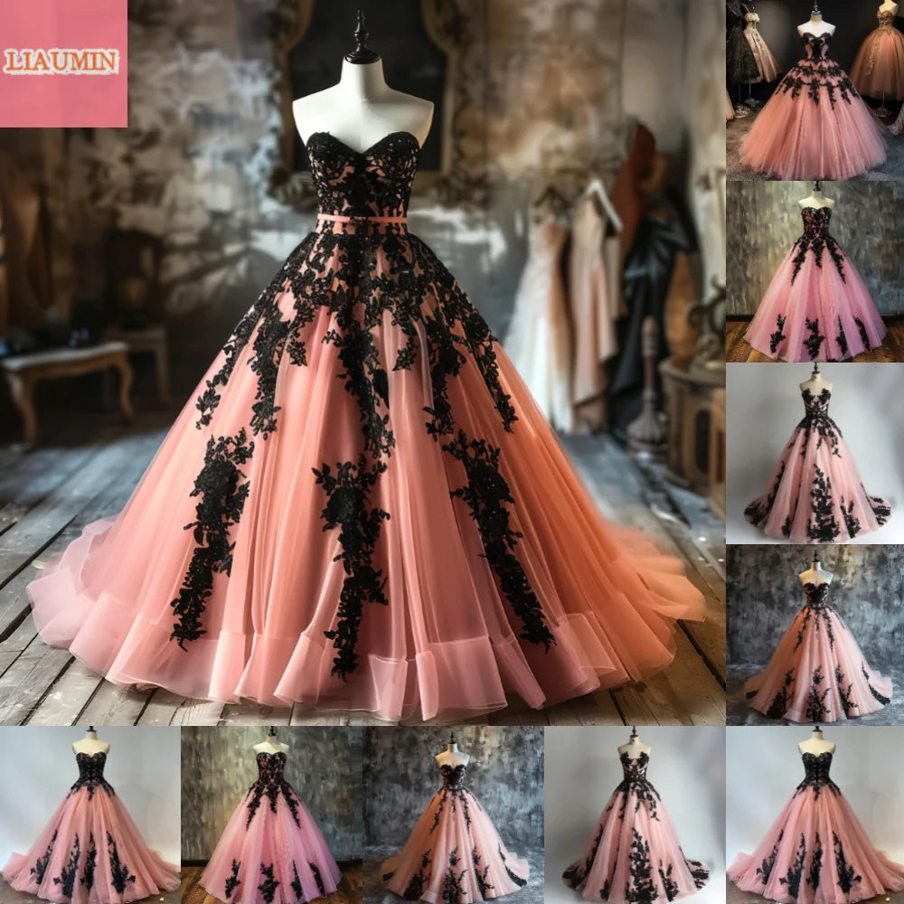 Pink and Black Lace Applique Strapless Ball Gown Full Length Evening Formal Occasion Party Prom Princess Dress Custom W11-14