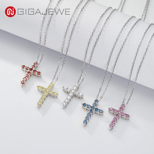 Total 1.1ct 3mmX11 Round Cut D VVS1 Moissanite 925 Silver Christian Religious Cross Pendant Necklace Woman Girl Gift