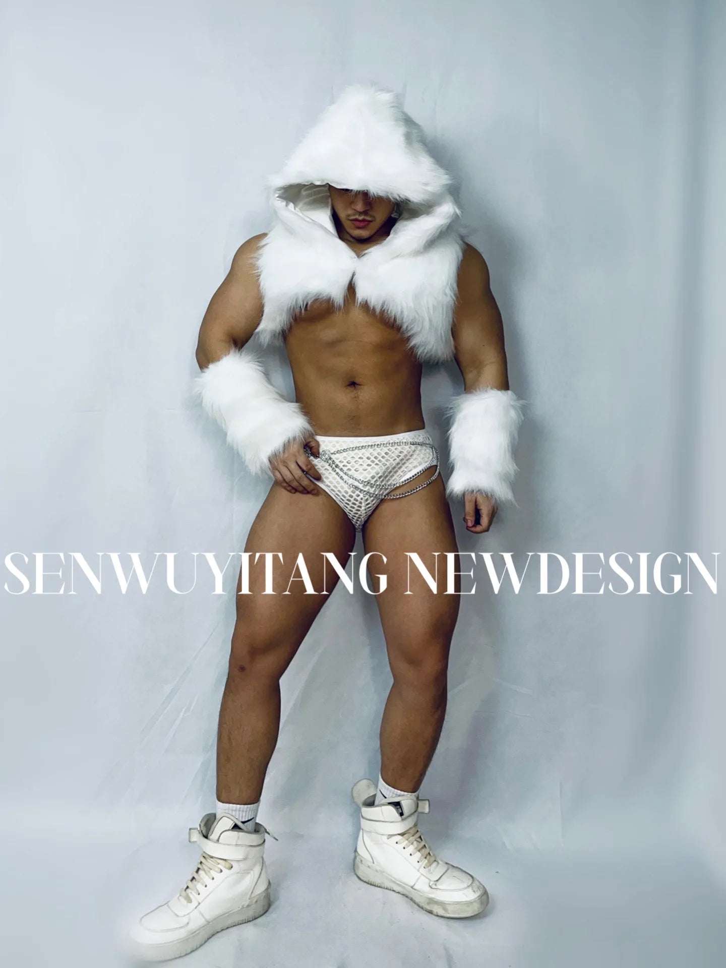 Men Set Hooded Fur Vest+Sleeves Cuff+Shorts Nightclub Party Male Singer Gogo Spicy Chicken White Stage Costume Homme Essentials