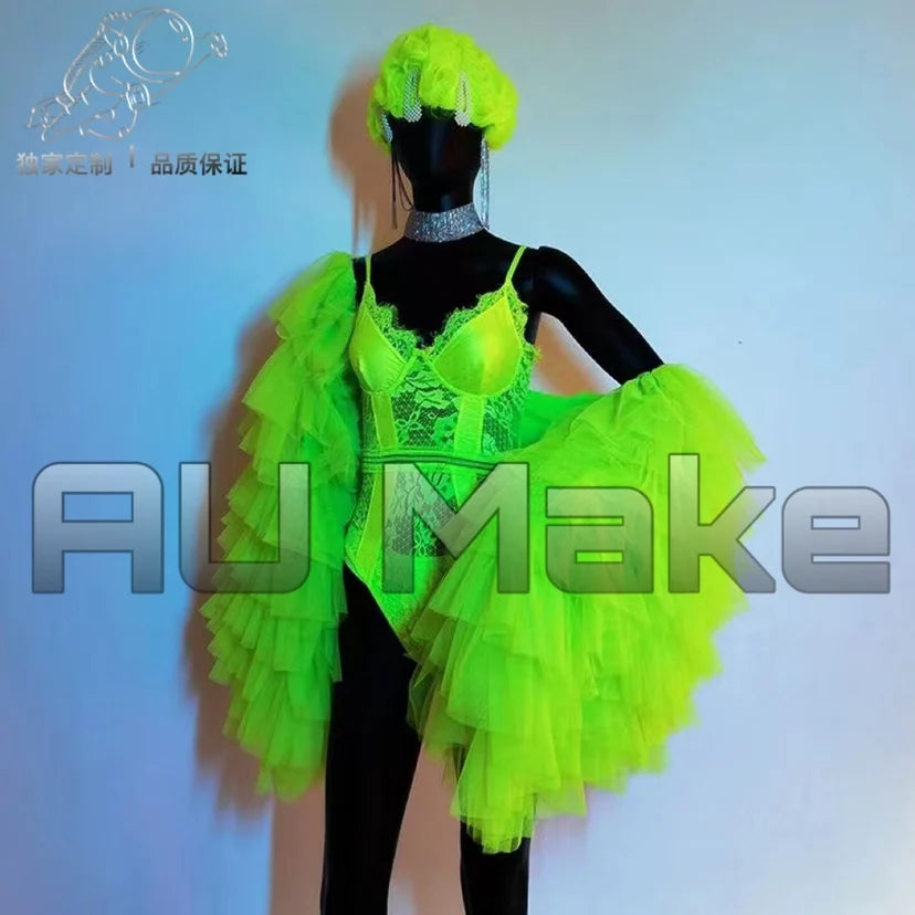 Female Singer Bar Gogo Performance Clothes Sexy One Piece Fluorescent Green Bikini Lace Big Sleeve Coat DS Costume Sexy Suit