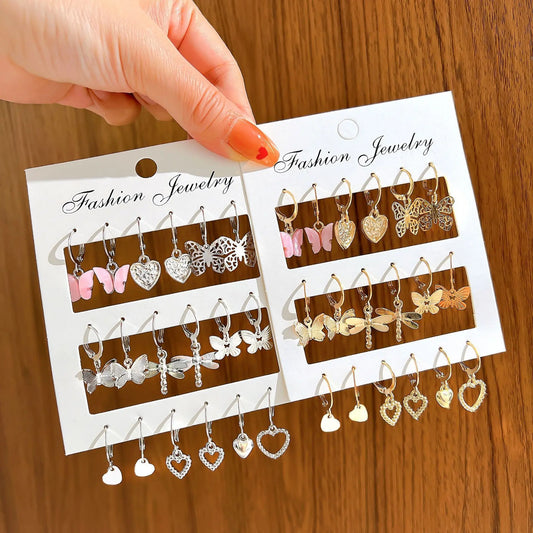 9 Pcs Cute Butterfly Heart Drop Earrings Set Fashion Gold Silver Color Girls Geometric Metal Acrylic Earrings 2024 Jewelry Gifts