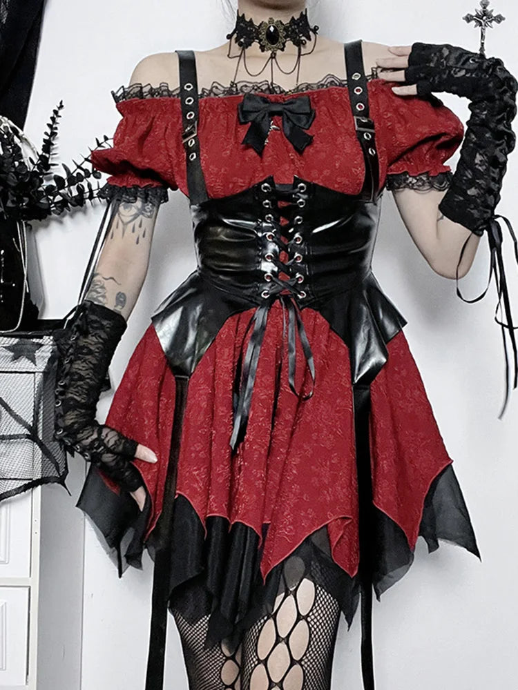 Model wearing a Victorian Gothic black and red lace dress, puffed sleeves. With a corset on top