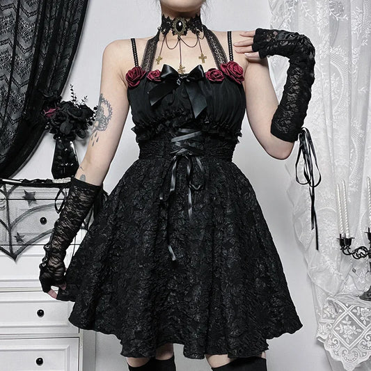 Gothic Black Lolita Dress Women High Waist Rose Lace Patchwork Aesthetic Fairycore Grunge Dark Goth Corset Mini Dress Vestidos