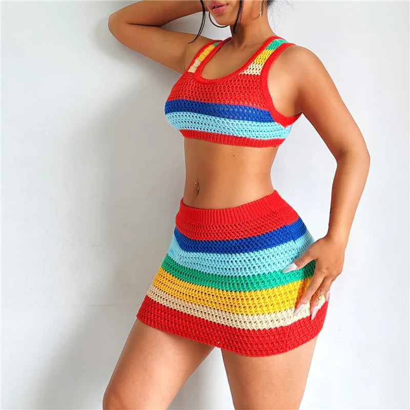 Women's Sexy Hollow Knitting High Waist Matching Color Slim-Fit Sleeveless Bag Hip Dress Summer Fashion Color Mini Dresses