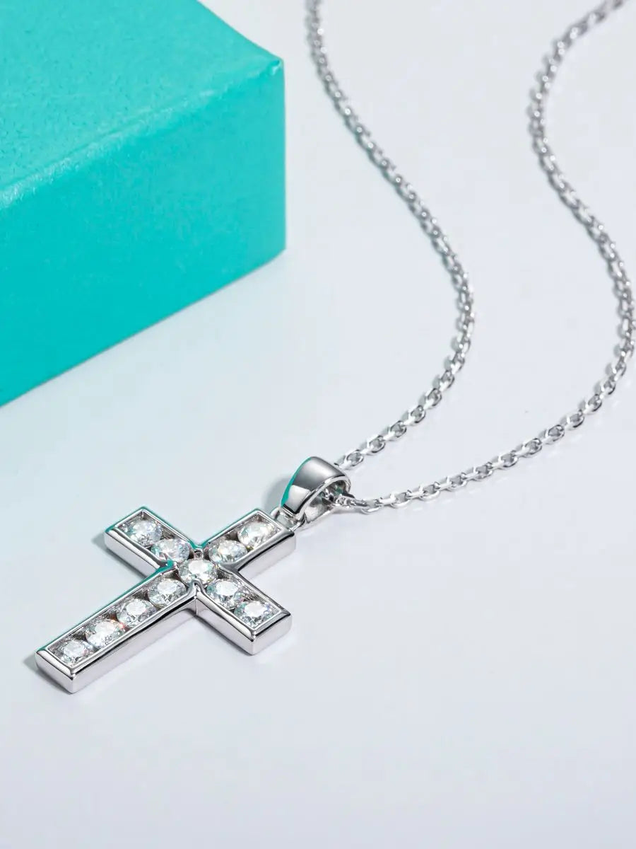 Elegant moissanite cross silver necklace
