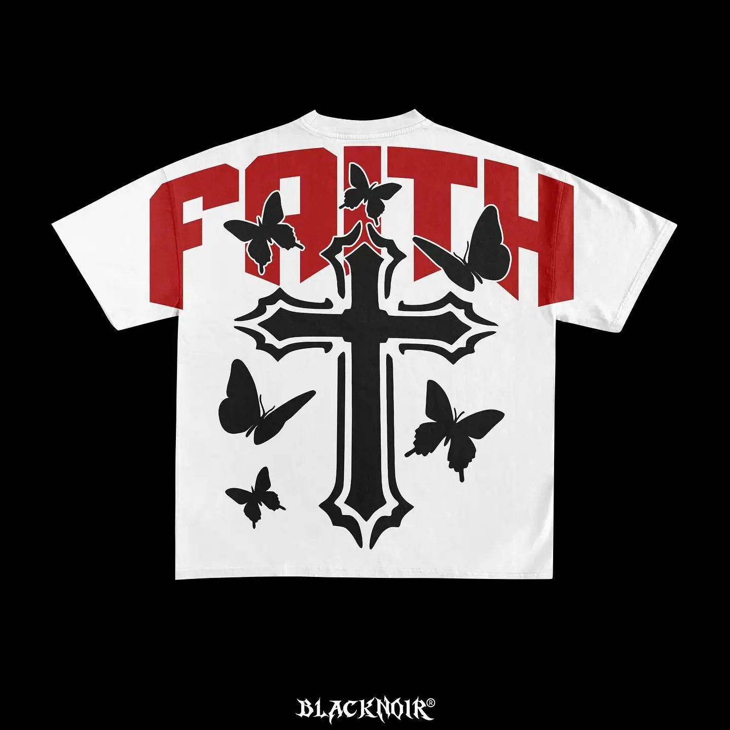 White oversized T-shirt made from high-quality cotton with bold red text "FAITH" on the back. A black cross surrounded by black butterflies is printed below the text. Brand name "Maramalive™" is displayed at the bottom, perfect for Cross butterfly Print graphic t shirts 2023 American y2k tops high quality cotton oversized t shirt goth women clothing.
