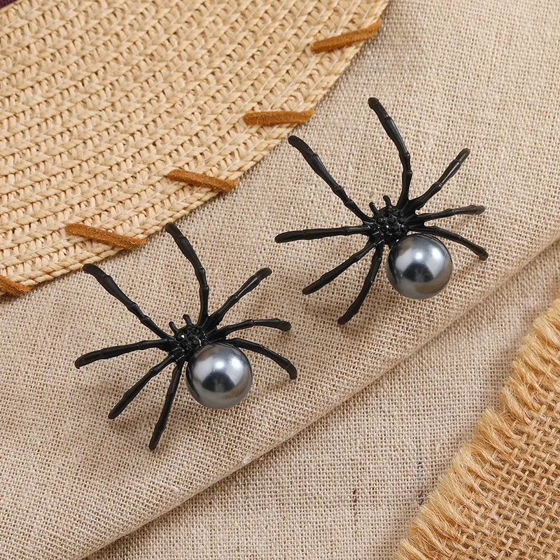 Hyperbole Dark Vintage Punk Earrings For Women Simple Personality Black Spider Alloy Pearl Jewelry Puncture Ear Studs