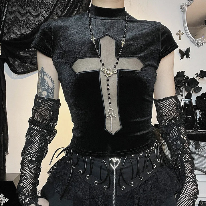 A person wearing a black outfit with lace gloves, a Maramalive™ Goth Dark Cross Sheer Mall Gothic Women T-shirts Grunge Aesthetic Punk Sexy Emo Black Top Streetwear Fashion Alternative Clothes, and a black necklace with an ankh pendant embraces gothic style.