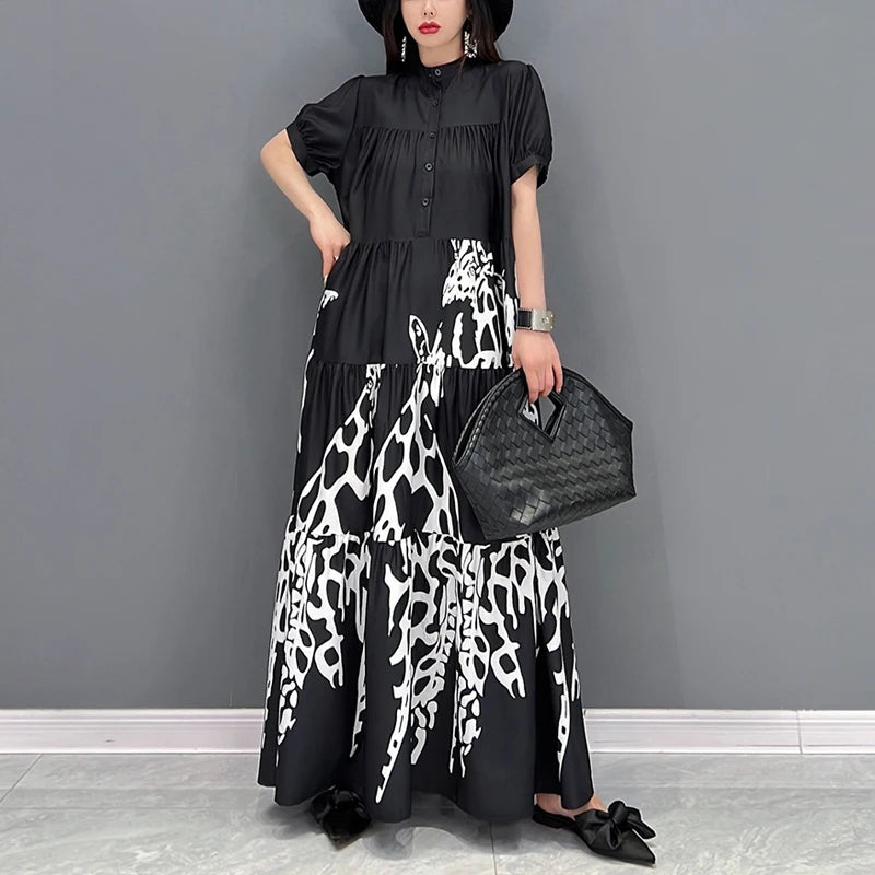 New Style Woman Summer Graffiti Printed Long Black Large Shirt Dress Big Size Loose Fit Tide Casual Robe Femme JJXD060