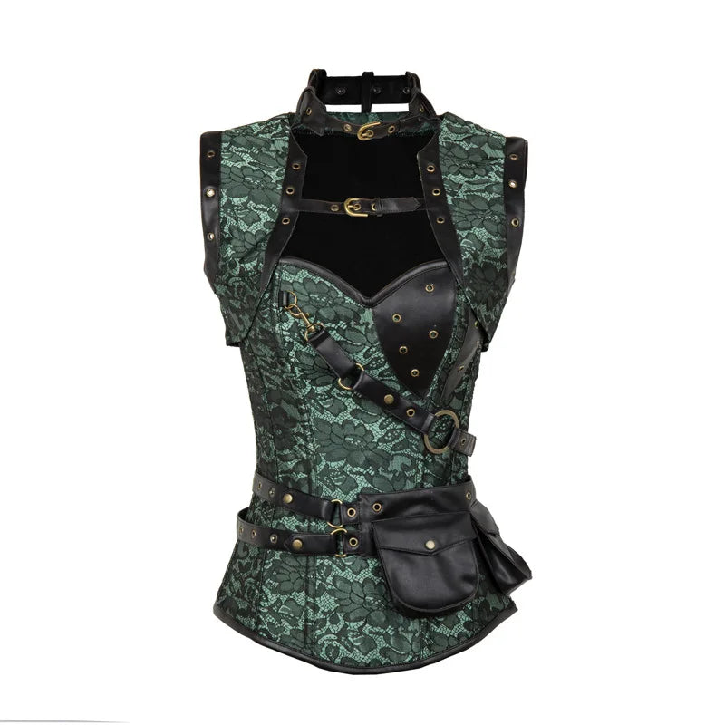 A steampunk corset featuring green lace with a floral pattern, black leather accents, gold rivets, a front buckle closure, and multiple belts with pouches. This stunning piece belongs to our collection of bustiers & corsets and is reinforced with 14 plastic bones for added structure. Introducing the Retro Jacquard Floral Corsets Top Steampunk Women Sexy Goth Corset Overbust Gothic Bustier Bodice Femme Punk Clothing Plus Size by Maramalive™.