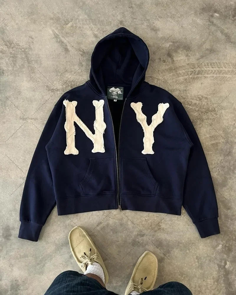 Embroidered hoodie, casual pullover, navy outfit