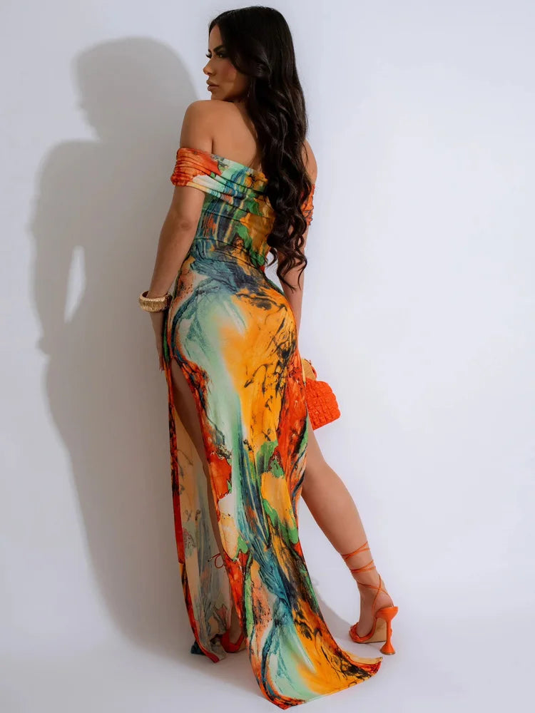 Tropical Orange Multi-Color Print Off-The Shoulder Long Maxi Dress Women's High Slit Vacation Dresses Party Club Wear