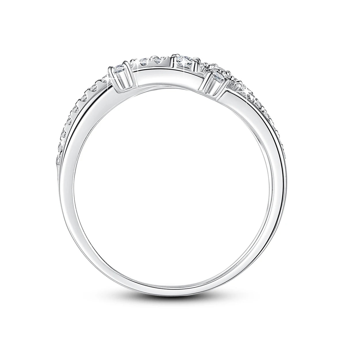 A close-up of a Szjinao Trendy Moissanite Ring Eternity Wedding Band Solid 925 Silver Rings For Women Jewelry Engagement Gift Dropship Supplier by Maramalive™ with a row of small diamonds along the top half, perfect for a wedding band.