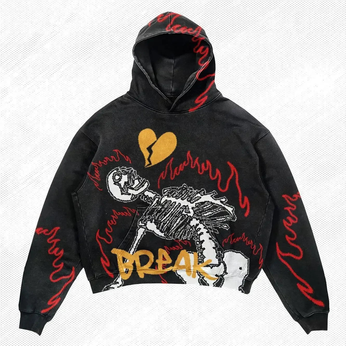 A black Maramalive™ Explosions Printed Skull Y2K Retro Hooded Sweater Coat Street Style Gothic Casual Fashion Hooded Sweater Men's Female featuring a skeletal design with flames and text, perfect for men's fashion with a punk style twist. The design includes a broken heart graphic and the word "BREAK" in yellow at the bottom. Red flame patterns embellish the sleeves and hood.