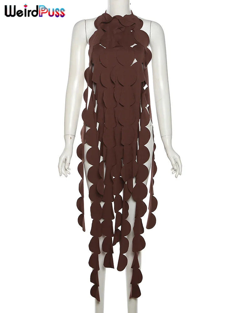 A mannequin is wearing a dress made of large, brown, circular fabric pieces hanging in vertical strips. The brand name "Maramalive™" appears in the top-left corner of the image. This Irregular Tassel Halter Camisole Women Backless Bandage Sexy Chic Circle Beach Style Wild Stretch Midnight Clubw Vest features an innovative design that's perfect for turning heads.