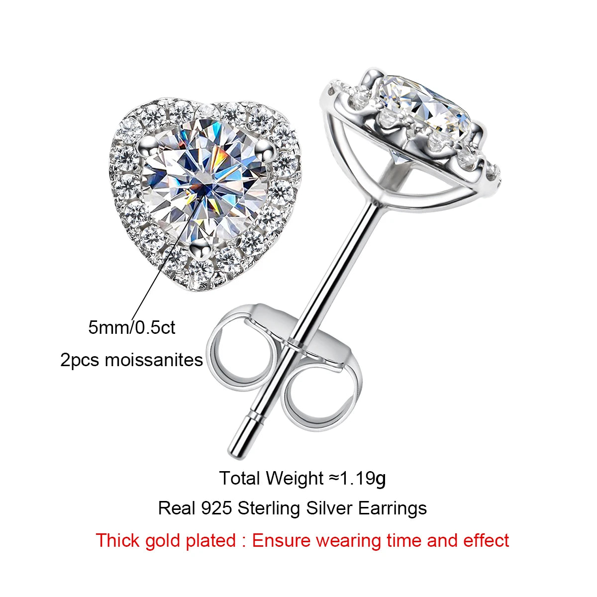 1cttw D Color Moissanite Diamond 925 Sterling Silver Heart Stud Earrings For Women Gift Jewellery