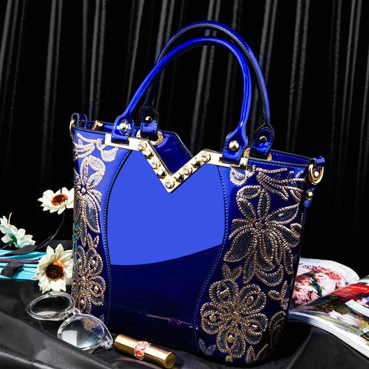 Shiny Patent Leather Embroidery Shoulder Bag Female Party Bags Brand Designer Handbags Large Capacity Women Cross Body Tote
