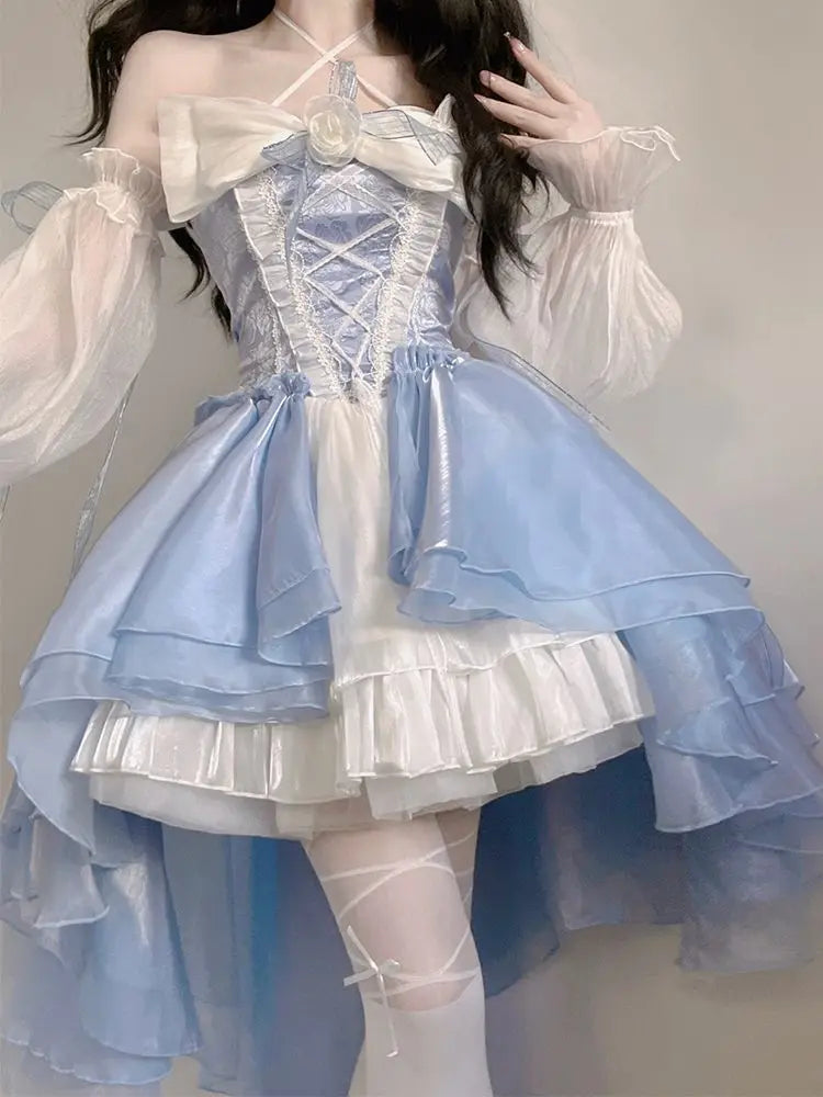 Princess Dresses Elegant Girls Puff Sleeve Ribbon Bowknot Flower Tunic Mesh Fantastic Cosplay Fairy Dress