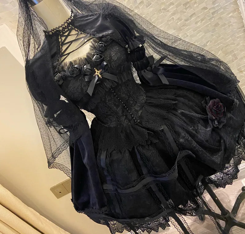 Gothic Lolita Dress Women Bandage Vintage Girl Sweet Lace Dark Slip Elegant Princess Victorian Dress Prom Party Dress