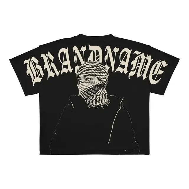 Black oversized T-shirt with a graphic of a person in a headscarf and the word "Maramalive™" printed in large letters above the image, giving off strong Harajuku Goth vibes. The product is called Punk Hip Hop Graphic T Shirts Mens Vintage Y2k Top Harajuku Goth Oversized T Shirt Fashion Loose Casual Short Sleeve Streetwear.