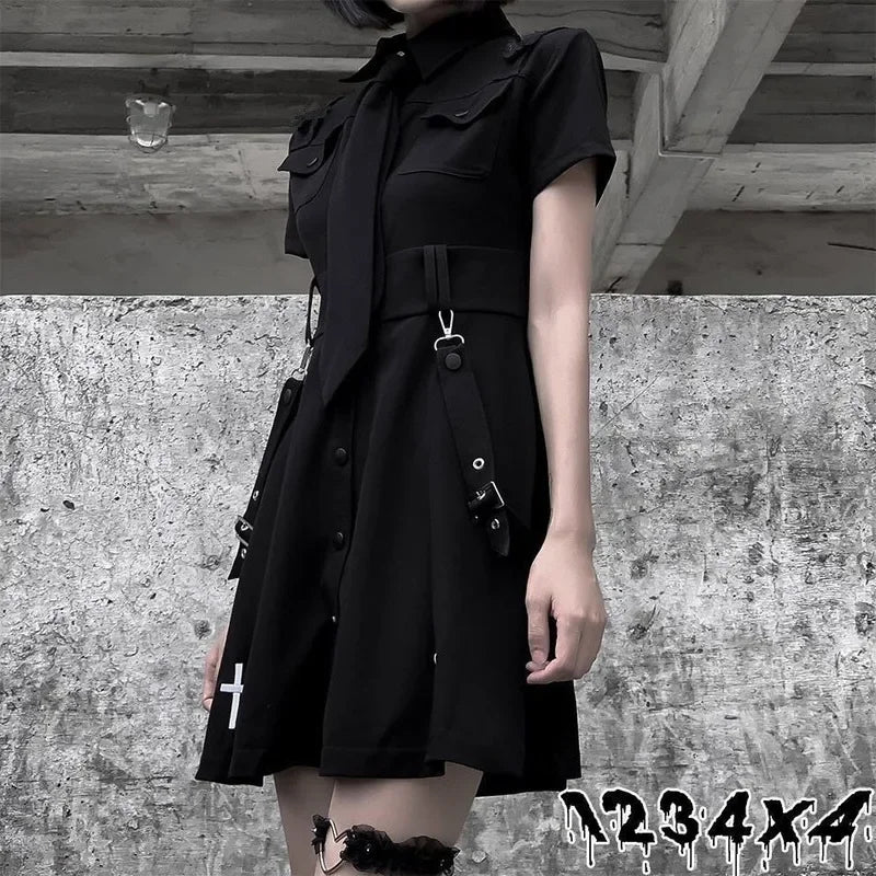 Goth Dress Punk Gothic Summer Black Mini Dress Shirt Women 2024 Short Sleeve Emo Clothes Mall Goth Dark Academia