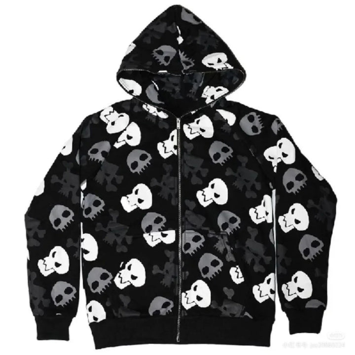 Autumn 2022 streetwear essential: Maramalive™ Gothic Punk Skull Hoodies Women Mall Goth Tops Streetwear Black Long Sleeve Zip Up Hooded Sweatshirt 2022 Autumn, a black zip-up hoodie with a hood, adorned with a bold pattern of white skulls and crossbones scattered across the entire garment.
