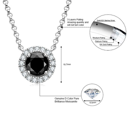 Halo Diamond Pendant Necklace for Women Round Cut 1 Carat Black Moissanite Real 925 Sterling Silver Vintage Jewelry Gift