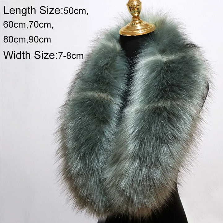 A Faux Fur Collar Winter Large Faux Fox Fur Collar Fake Fur Coat Scarves Luxury Women Men Jackets Hood Shawl Decor Neck Collar by Maramalive™ is displayed on a mannequin, perfect for women looking to stay stylish this winter. Dimensions are listed on the left: length sizes of 50cm, 60cm, 70cm, 80cm, and 90cm; width size of 7-8cm.