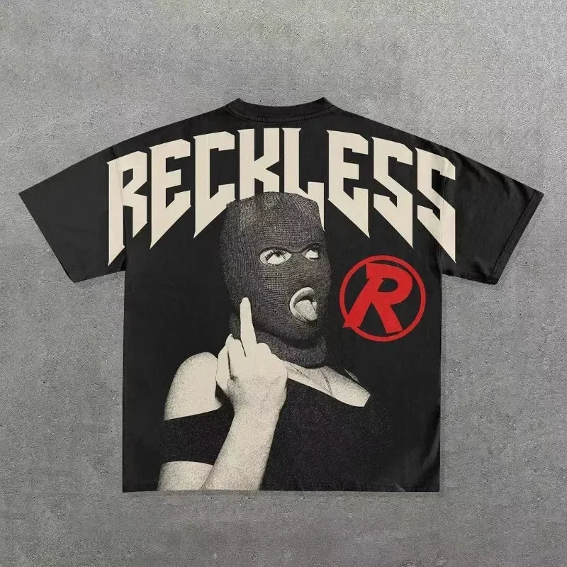 Black t-shirt with "RECKLESS" in large white letters above a graphic of a person in a balaclava showing a middle finger and a red "R" symbol. Perfect for those seeking Maramalive™ Punk Hip Hop Graphic T Shirts Mens Vintage Y2k Top Goth Oversized T Shirt Fashion Loose Casual Short Sleeve Streetwear that embraces Harajuku Goth and Punk Hip Hop Graphic T Shirt styles.