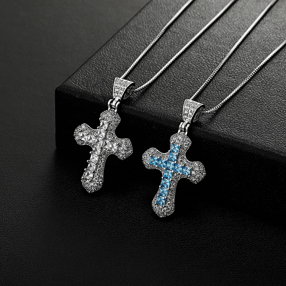 New Classic Shiny Cross Necklace Iced Baguette Blue Zirconia Pendant Fashion Female Religious Jesus Hip Hop Jewelry