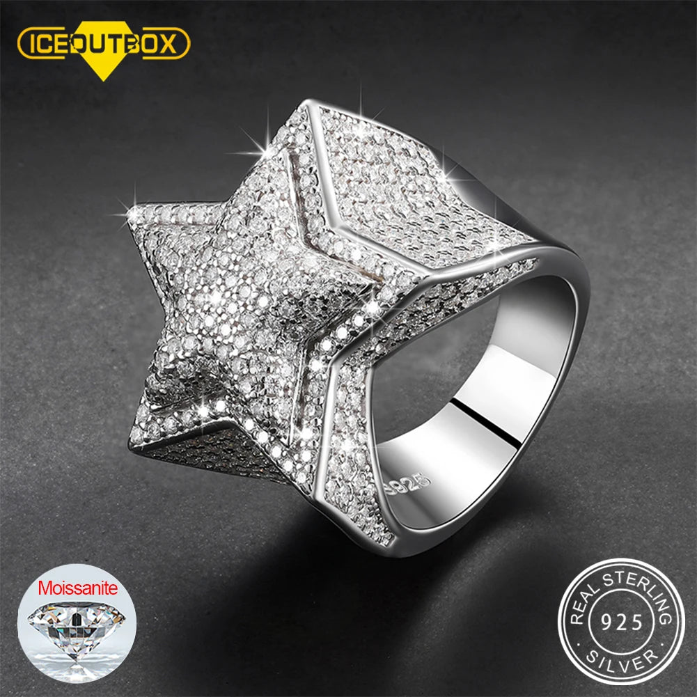 S925 Five Star Moissanite Men Rings Luxury 925 Sterling Silver Ring For Women D VVS Round Moissanite Diamond Hip Hop Jewelry