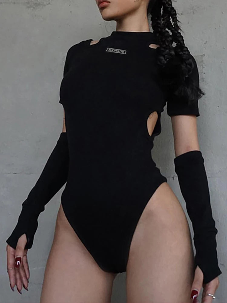 Goth Dark Techwear Punk Bodycon Women Bodysuits Gothic Y2k Black Cut Out Sexy Summer Tops With Gloves Grunge Fashion Streetwear