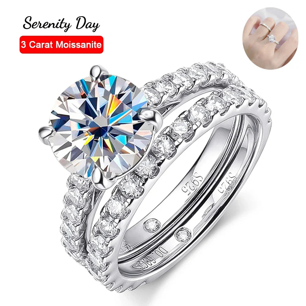 Serenty Day Four Claw D Color 9mm 3 Carat Full Moissanite Row Rings Set For Women S925 Sterling Silver Band Plated 18K Wholesale