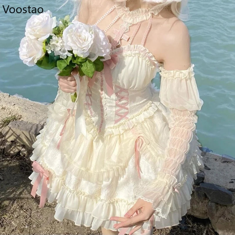 Gothic Lolita Princess Dress Women Sweet Bowknot Cross Lace Ruffles Evening Party Dresses Y2k Bandage Vestidos