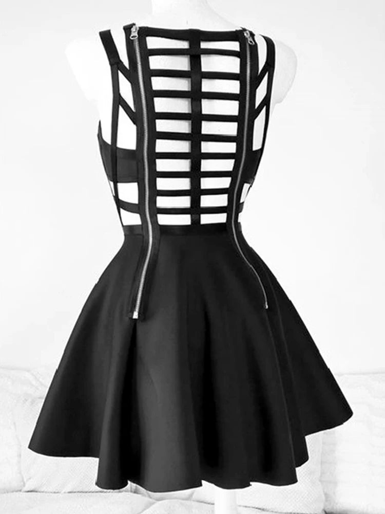 A black Mall Goth Sexy Corset Dress Women Vintage Streetwear Hollow Out Criss-cross A-line Dress Emo Alt Grunge Elf Girl Dress by Maramalive™ with an intricate, spaghetti strap design on the back, featuring multiple parallel straps and two vertical zippers. The skirt flares outwards. The dress is displayed on a white mannequin.