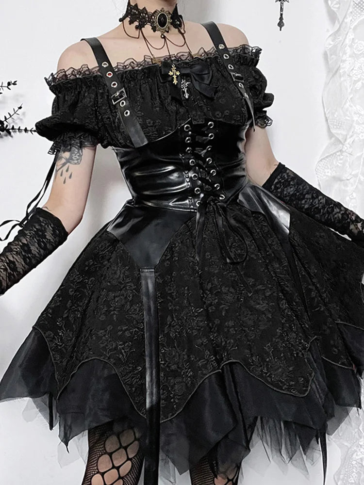 Model wearing a Victorian Gothic black lace dress, puffed sleeves. With a corset on top