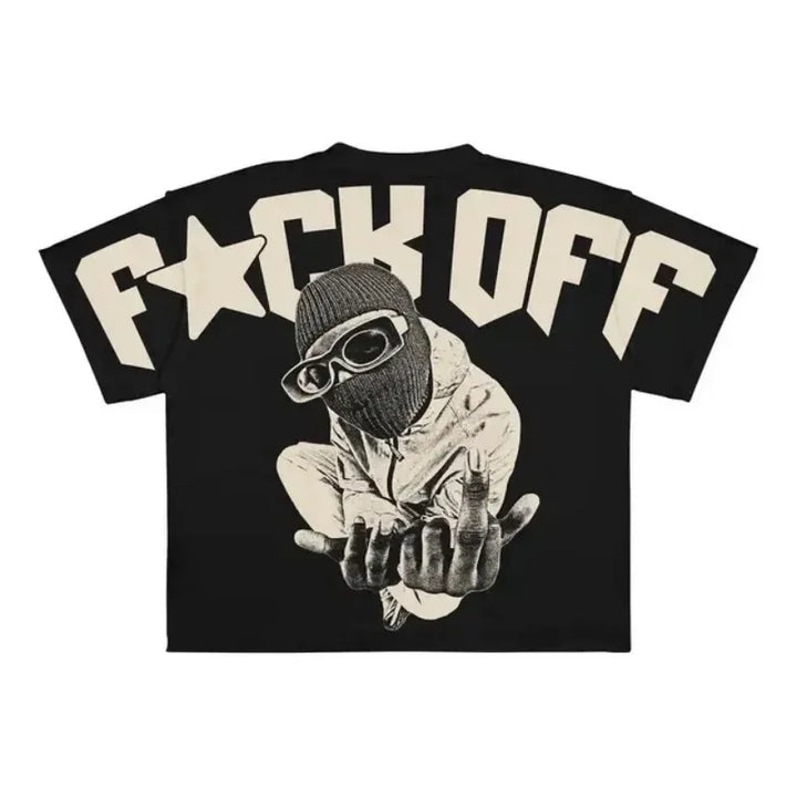 A black, Maramalive™ Punk Hip Hop Graphic T Shirts Mens Vintage Y2k Top Goth Oversized T Shirt Fashion Loose Casual Short Sleeve Streetwear featuring the words "F*CK OFF" in large white letters and an image of a person wearing a balaclava and goggles, giving the middle finger.