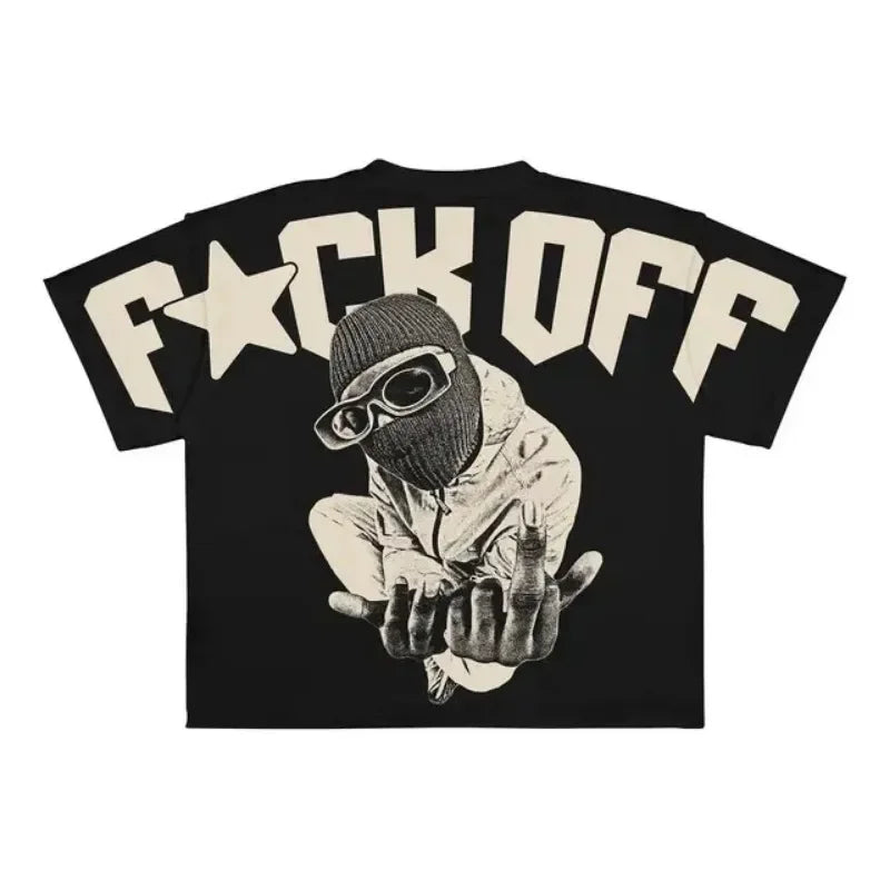 A Maramalive™ Punk Hip Hop Graphic T Shirts Mens Vintage Y2k Top Goth Oversized T Shirt Fashion Loose Casual Short Sleeve Streetwear with a graphic of a person in a ski mask, giving raised middle fingers and large text "F*CK OFF" on the back—perfect for those who love punk hip hop graphic t-shirts with an edgy vibe.