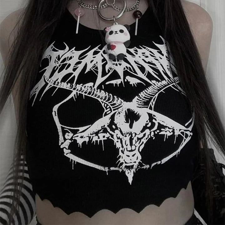 Person wearing a Maramalive™ Black Tank Tops For Women Knitted Grunge Punk Goth Goat Head Print Vest Y2k Clothes Crop Top Summer Sexy Sleeveless O-neck Tanks. They have a necklace with a small stuffed animal pendant.