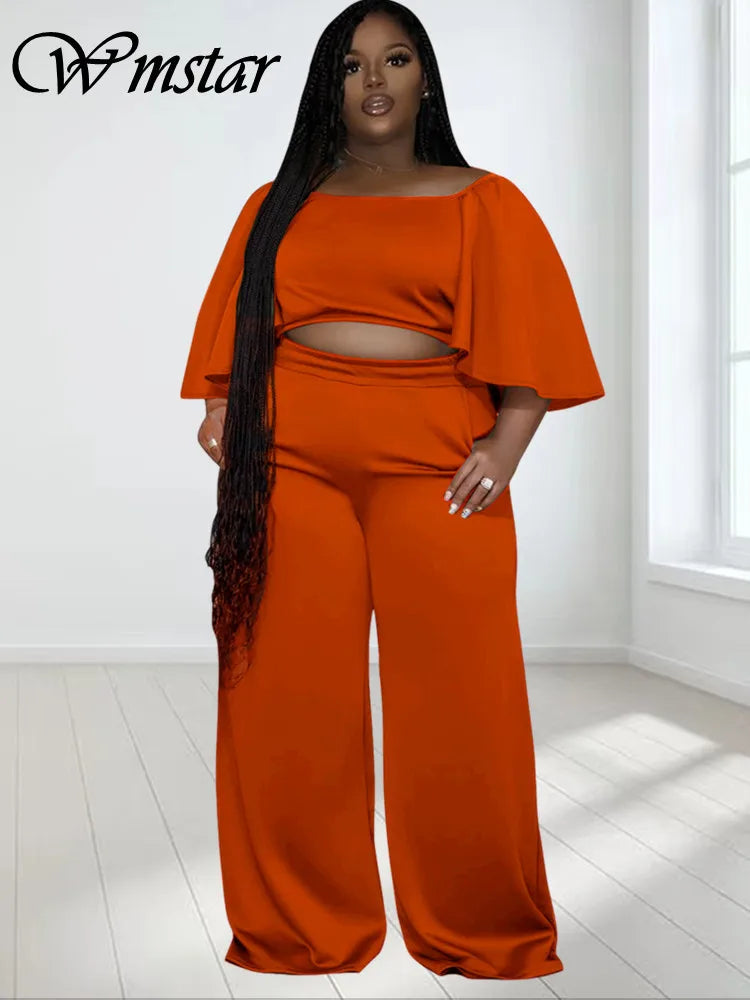 Plus Size Two Piece Sets Women Clothing Solid Off Shoulder Tops and Pants Wide Leg Matching Set